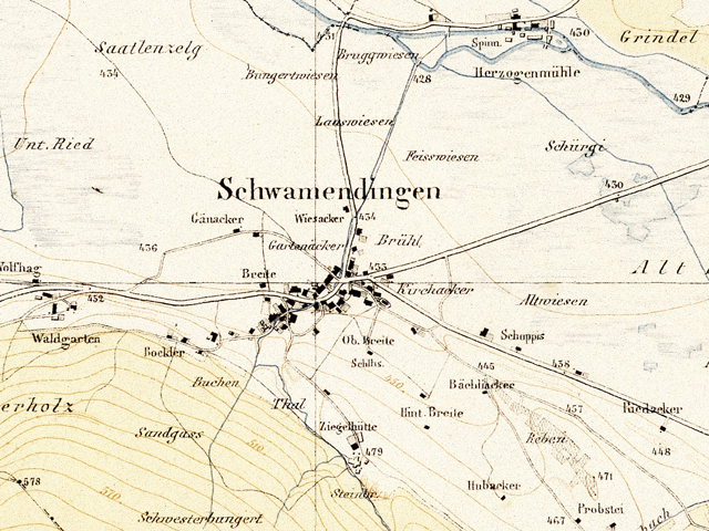 Schwamendingen, um 1850 ein von Baumgärten und Äckern umgebenes Bauerndorf. (Wildkarte 1850) 
